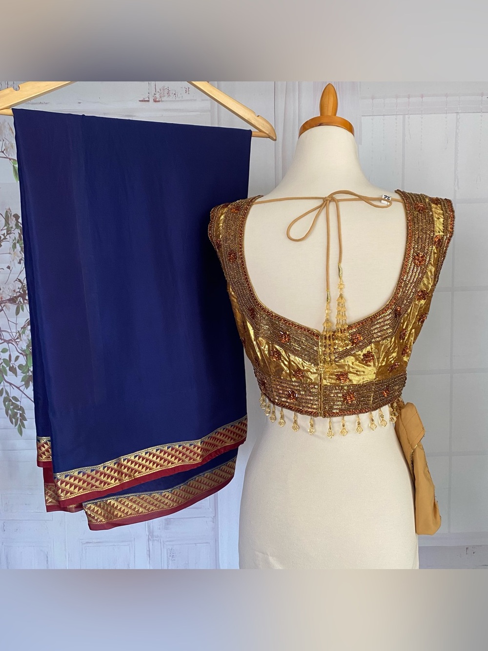 Indian Blue Saree Bronze Gold Foil Blouse Beaded Choli Top Designer